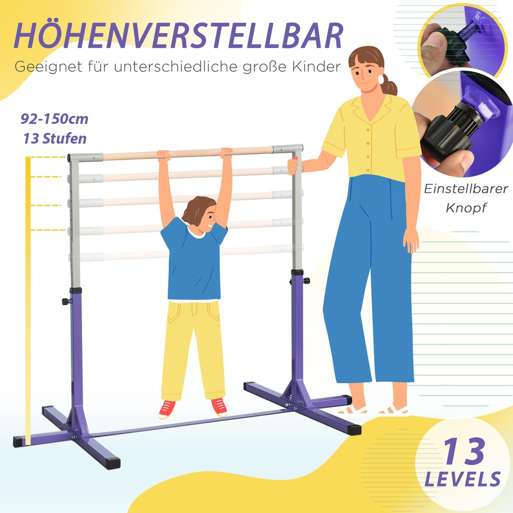 Gymnastics Horizontal Bar, 13-position Height Adjustable, Up to 75 kg, Steel, Beechwood, Purple