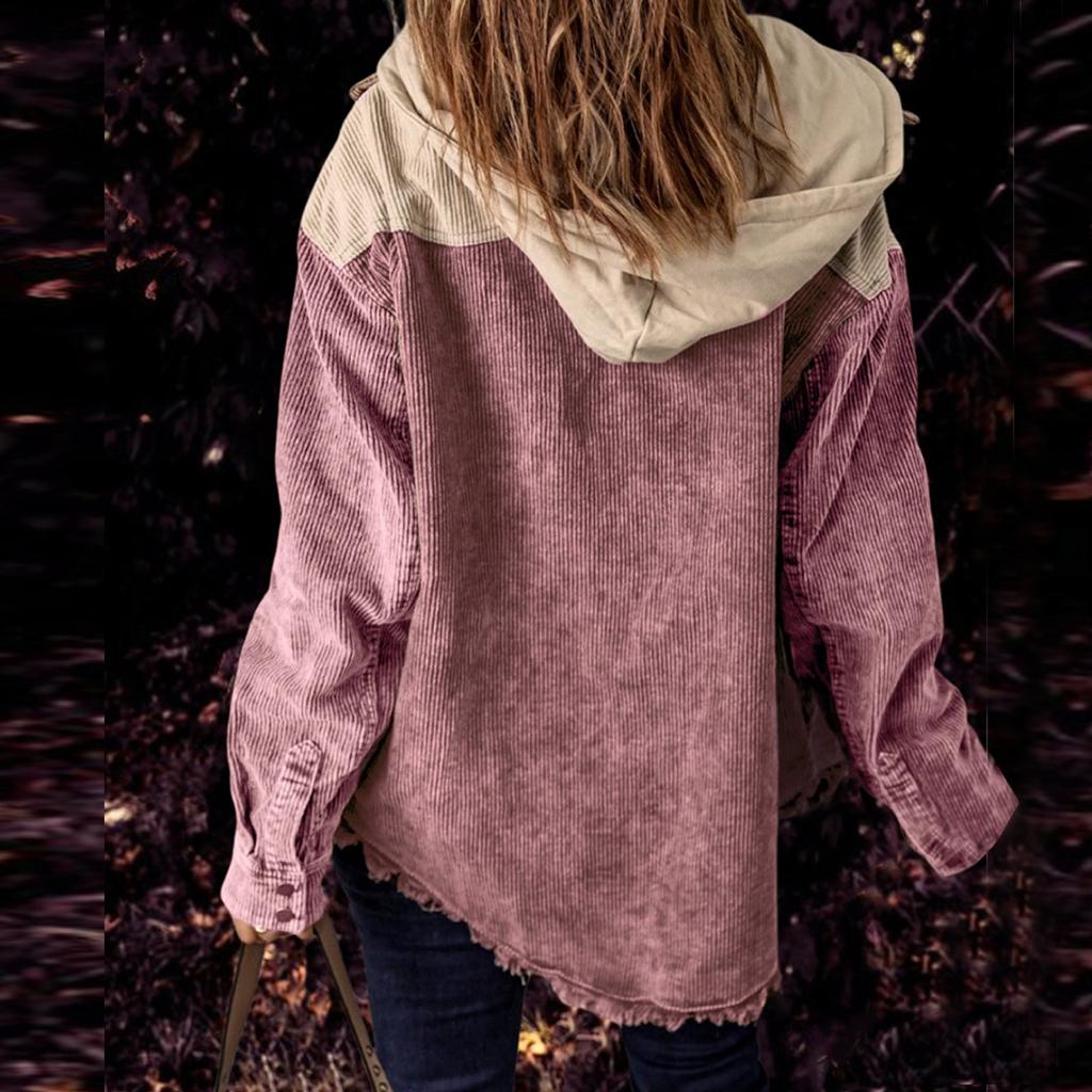 Women's Corduroy Shawl Jacket Long Sleeve Buckle Color Matching Hooded Jacket With Pocket