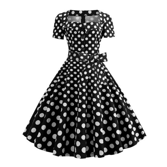 Women Dress Square Neck Short Sleeve Retro 1950s A-line Big Hem Button Decor Dot Print Color Matching Mid Waist Belted Bow Decor Midi Dress