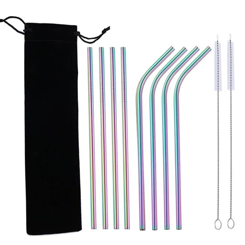 10Pc Rainbow Color Reusable Metal Straws Set with Cleaner Brush 304 Stainless Steel Drinking Straw Drinkware Bar Party Accessory