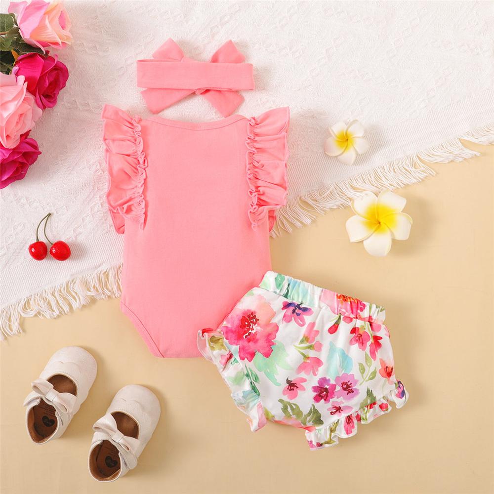 Fashion Letter Print Ruffle Sleeve Baby Bodysuit + Shorts  +Headband 3PCS for 0-18M Newborn Baby Girl Outfit Summer Casual Clothes Set