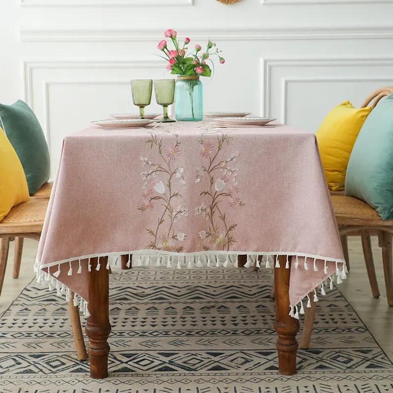 Скатерть с цветочной вышивкой и кисточками, Хлопок и лен, Пылезащитный чехол на стол, Кухня, Столовая, Домашняя вечеринка, Декор столешницы