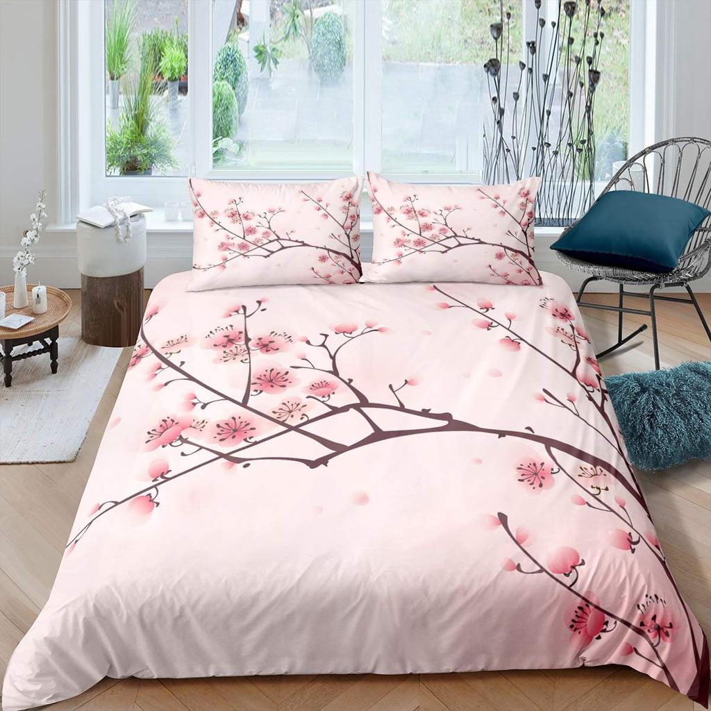 Cherry Blossoms Duvet Cover King/Queen Size,Japanese Sakura Tree Pink Floral Spring Vintage Cultural Bedding Set for Women Girls