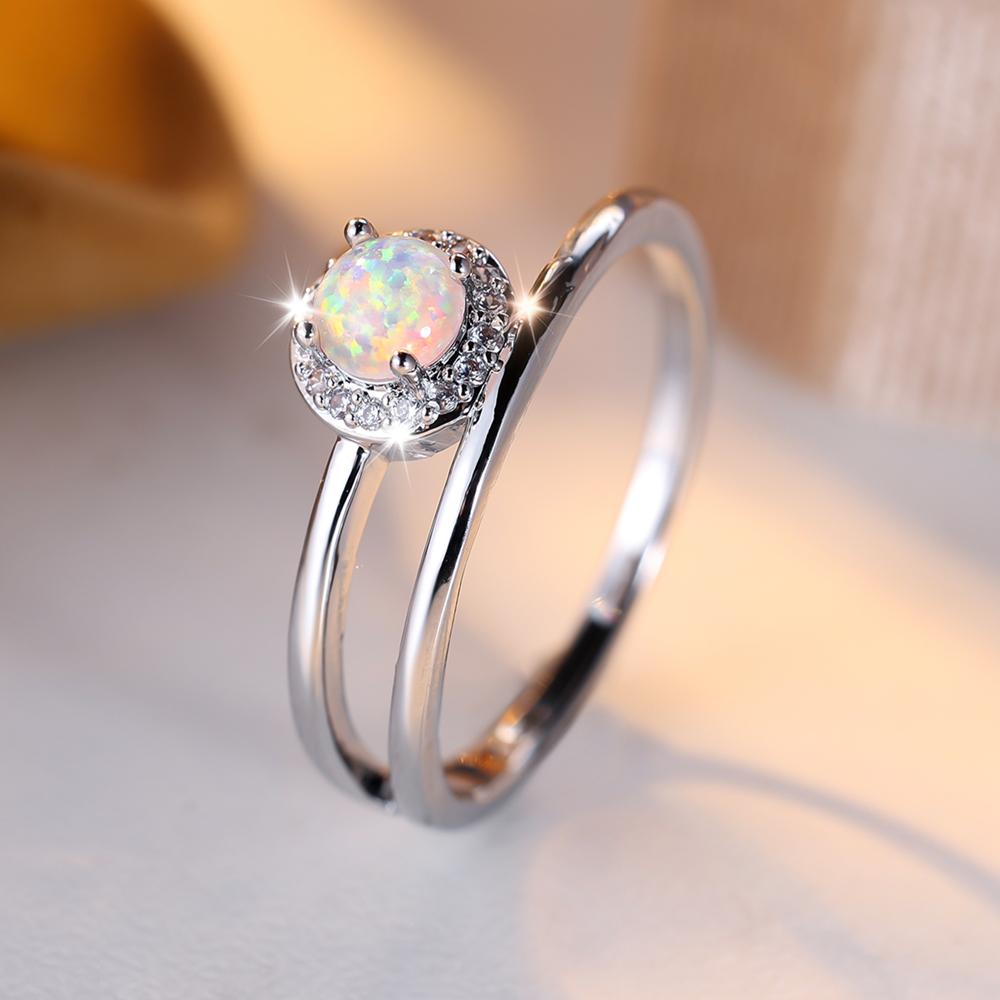 White Fire Opal Rings for Women Silver Color Round Birthstone Wedding Bands Zircon Index Finger Jewelry Gift