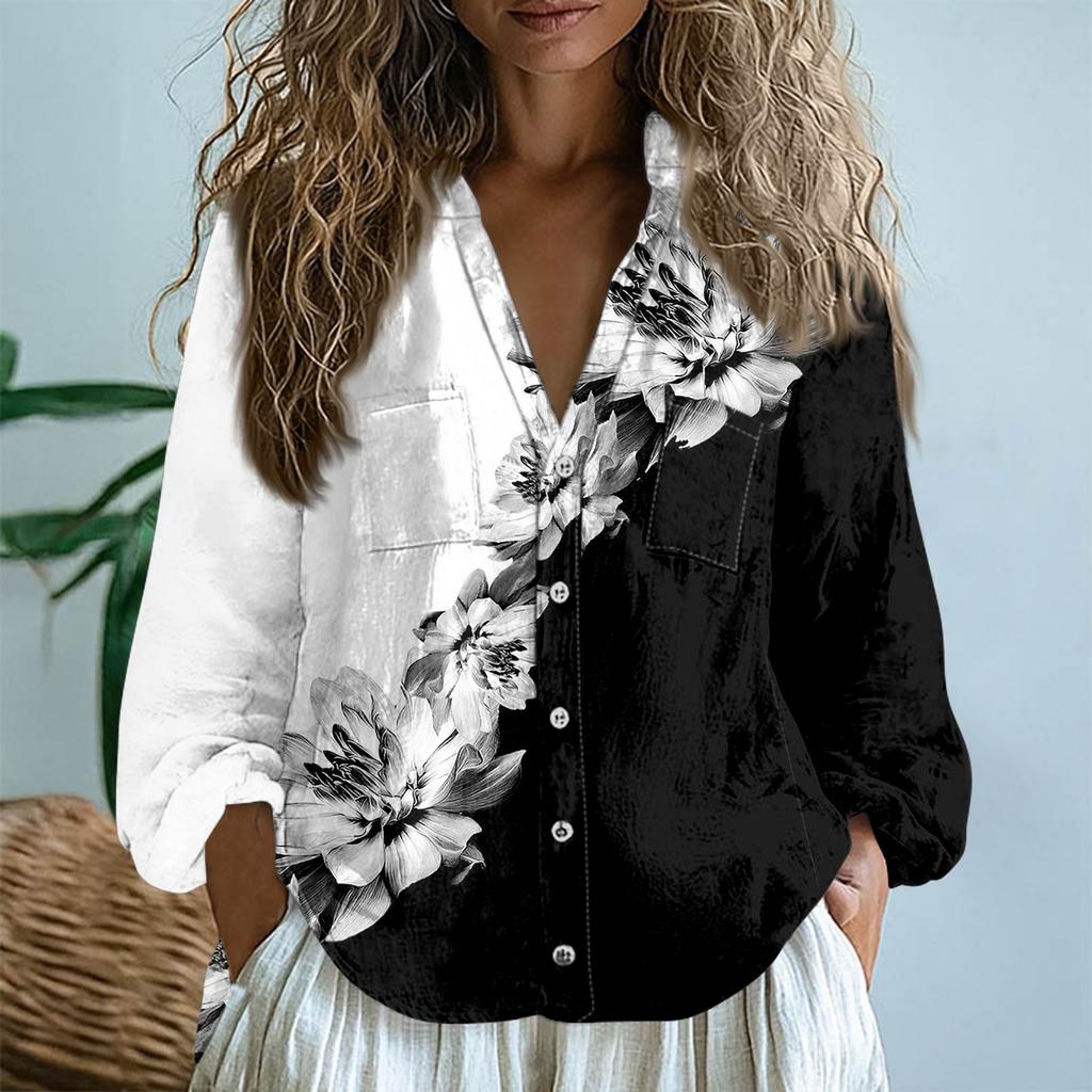 Women Cotton Linen Tops Long-sleeved Shirts Loose V-Neck Boho Tees Vintage Blouses