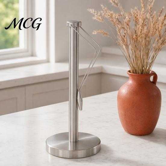 Rust Proof Paper Towel Stand Vertical Holder, Stainless Steel No-Punch Design, with Pressure Holder Bar And Anti-Slip Base, Countertop Dispenser