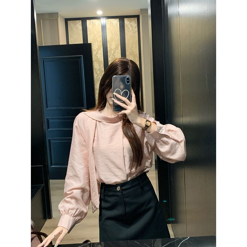 Kumikumi Gentle Design Ribbon Long Sleeve Shirts Women Autumn Loose Slimming Temperament Pink Top