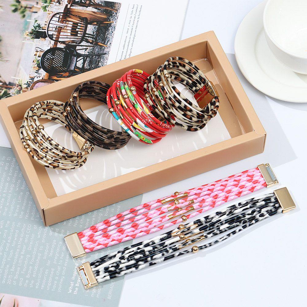 Retro Women Jewelry Multilayer Bangles Leopard Leather Bracelets Wide Wrap Bracelet Wrist Bands