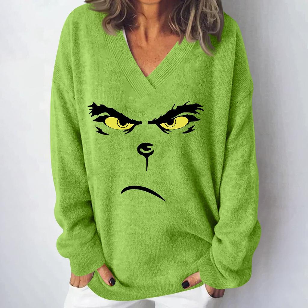 Женская мода повседневная рождественская принтованная трикотажная кофта с V-образным вырезом и длинными рукавами, модный милый свитшот