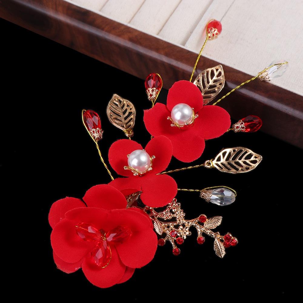 Sweet Crystal Leaf Hair Ornaments Pearl Red Flower Women Barrettes Festival Hairpins Chinese Hanfu Hair Clips Duckbill Clips