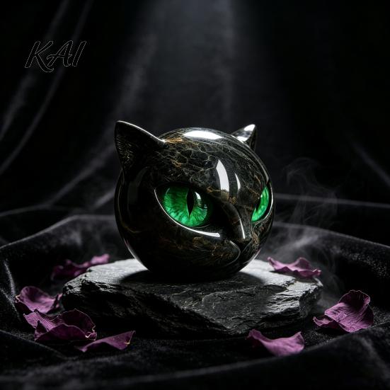Halloween Party Table Centerpiece Spherical Black Cat Head Ornament, Resin Gothic Style Sculpture with Colorful Whimsical Animal Figurine