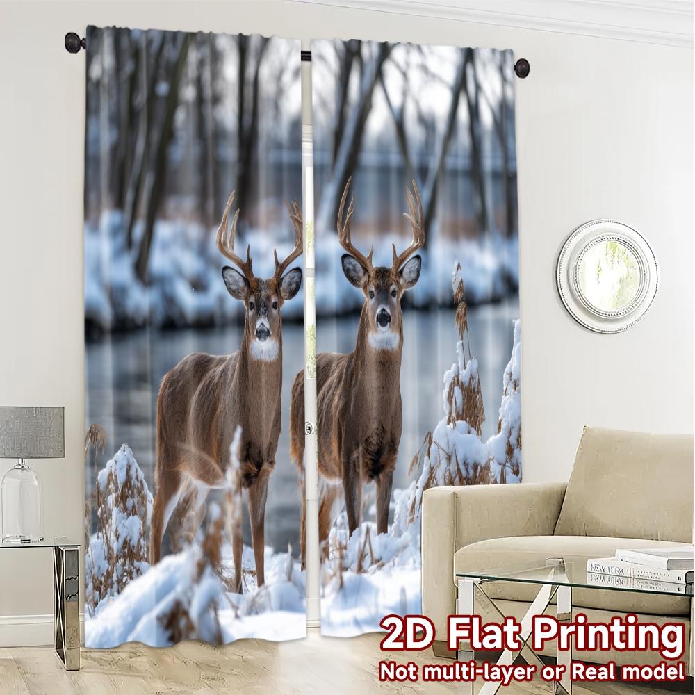 2pcs, 2D FLAT PRINTING Curtains (Without Rod) Winter Stags Popular Contemporary Curtains 100% Polyester Curtains Gifts