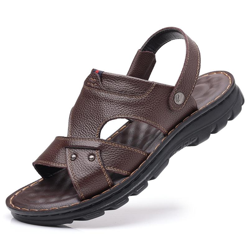 Летние мужские сандалии из первого слоя коровьей кожи, сандалии двойного назначения, удобная обувь для вождения и пляжа, нескользящие повседневные крутые шлепанцы