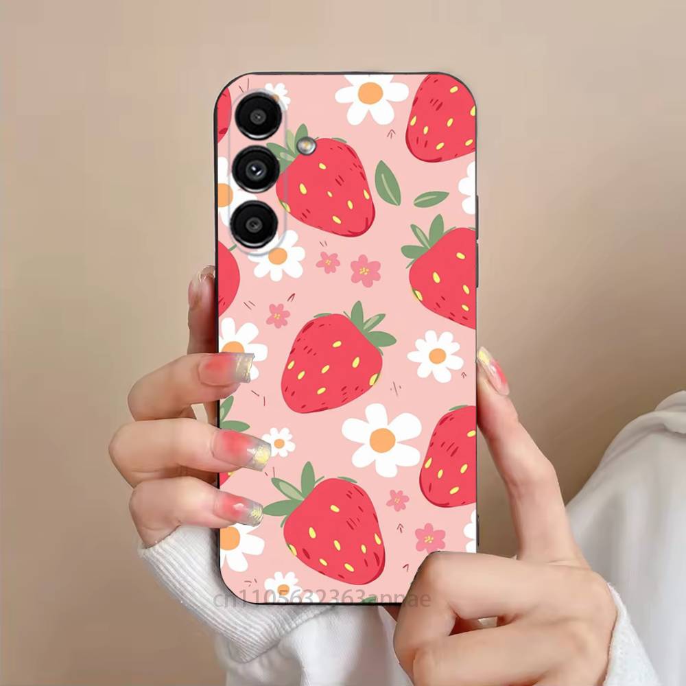 S-Клубника-S-Шорткейки Милый Чехол Для Телефона Для Samsung S25,24,21,22,23,S30,Ultra,S20,Plus,Fe,Lite,Note,S10,S9,Черный Мягкий Чехол