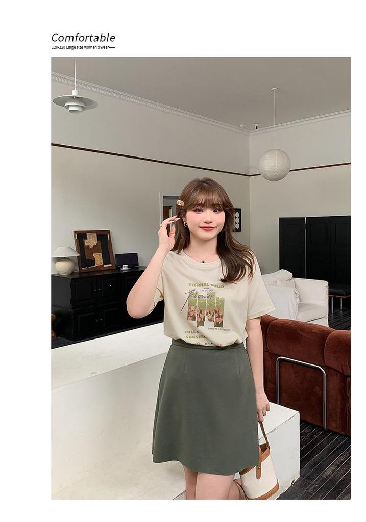 Plus Size Tulip Print Short Sleeve Loose Round Neck T-shirt for Women