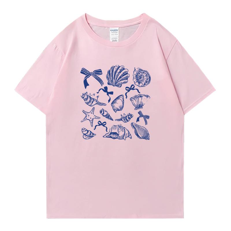 Популярная женская футболка оверсайз с рисунком морского животного — раковины и банта, унисекс, хлопковая, для мужчин и женщин, повседневная, с коротким рукавом, летняя.