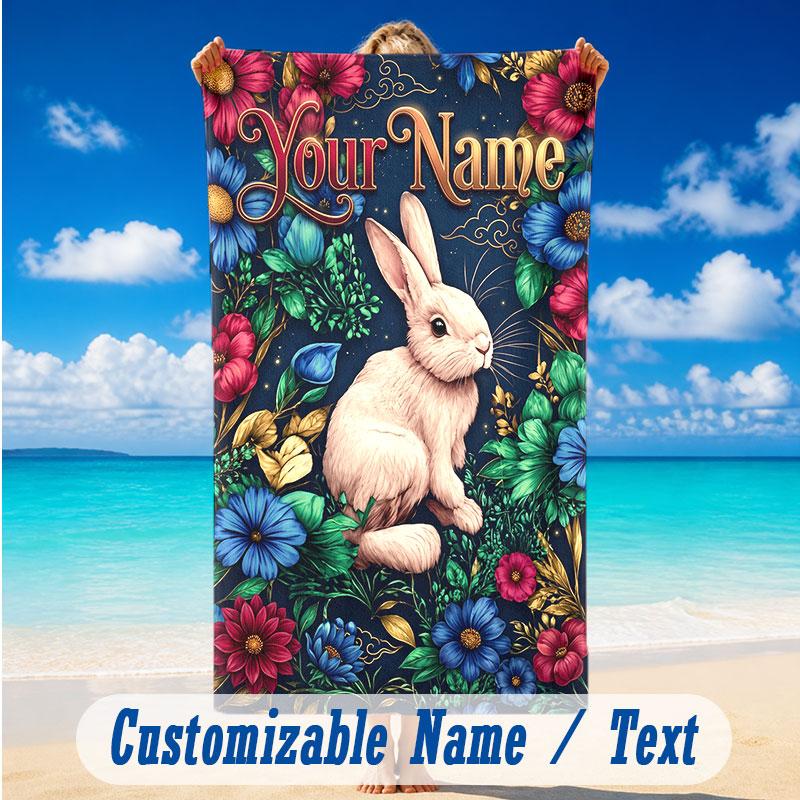 Easter Bunny Theme Beach Towel Personalized Custom Name & Text Soft Quick Dry Beach Towel for Swimming Travel