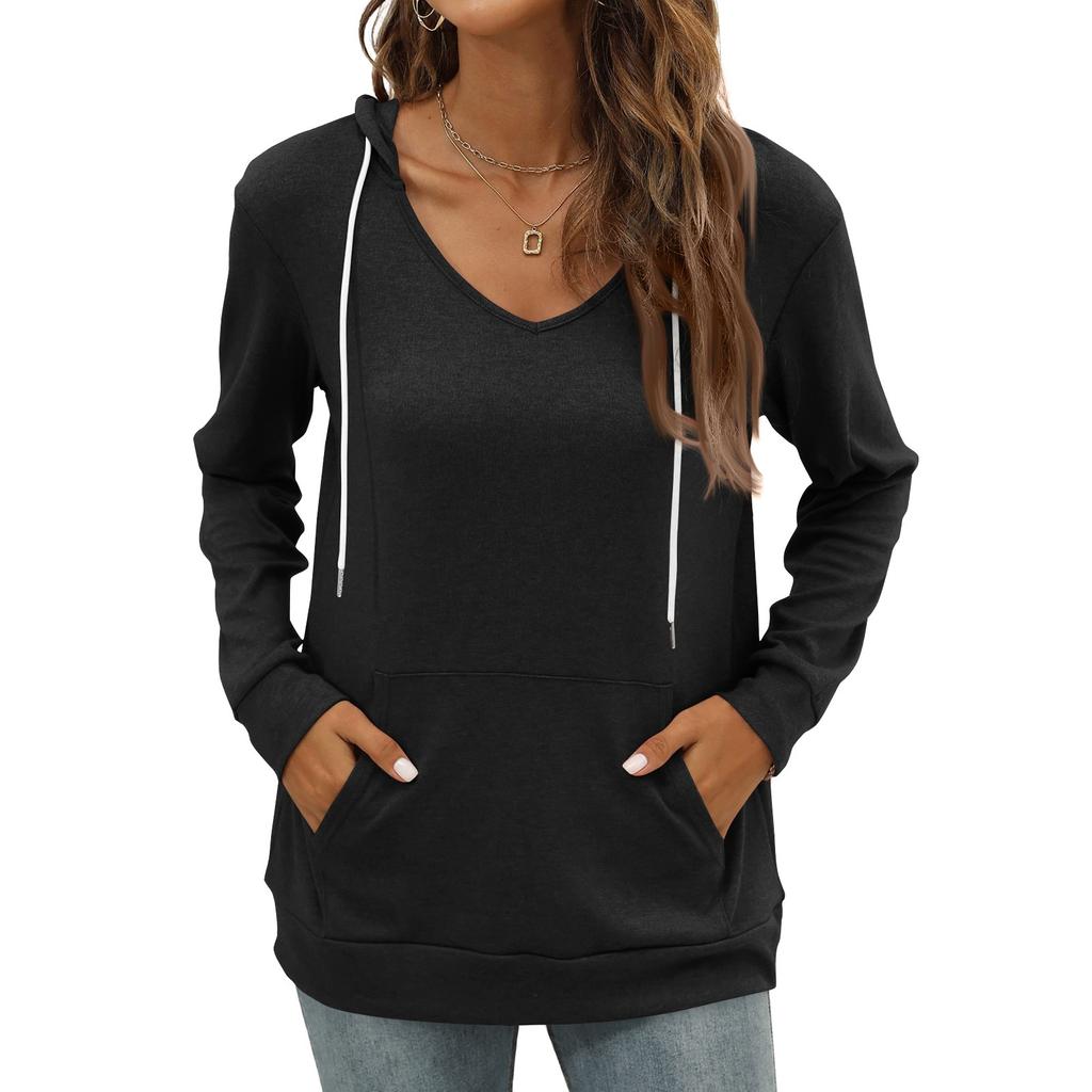Women's Fashion Casual V Neck Long Sleeve Solid Color Pocket Drawstring Hooded Top
