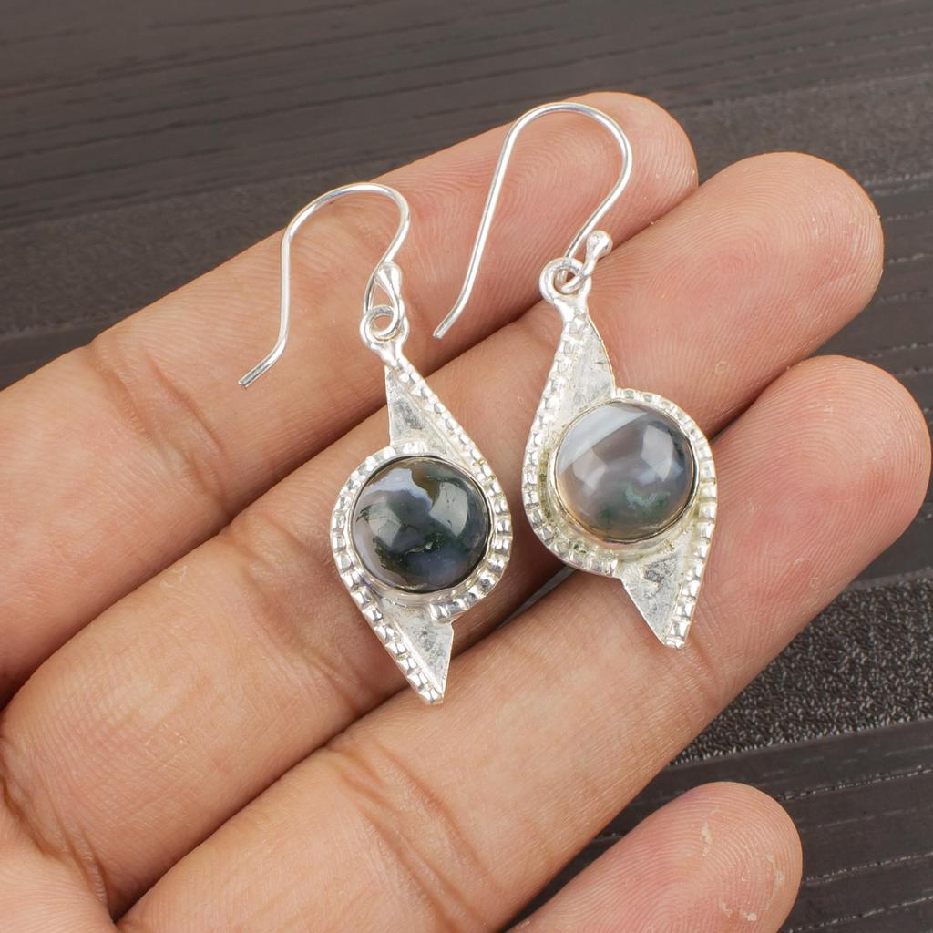 Moss Agate Gemstone Jewelry, 925 Solid Sterling Silver Earrings, Handmade Gorgeous Silver Earrings For Wedding Gift