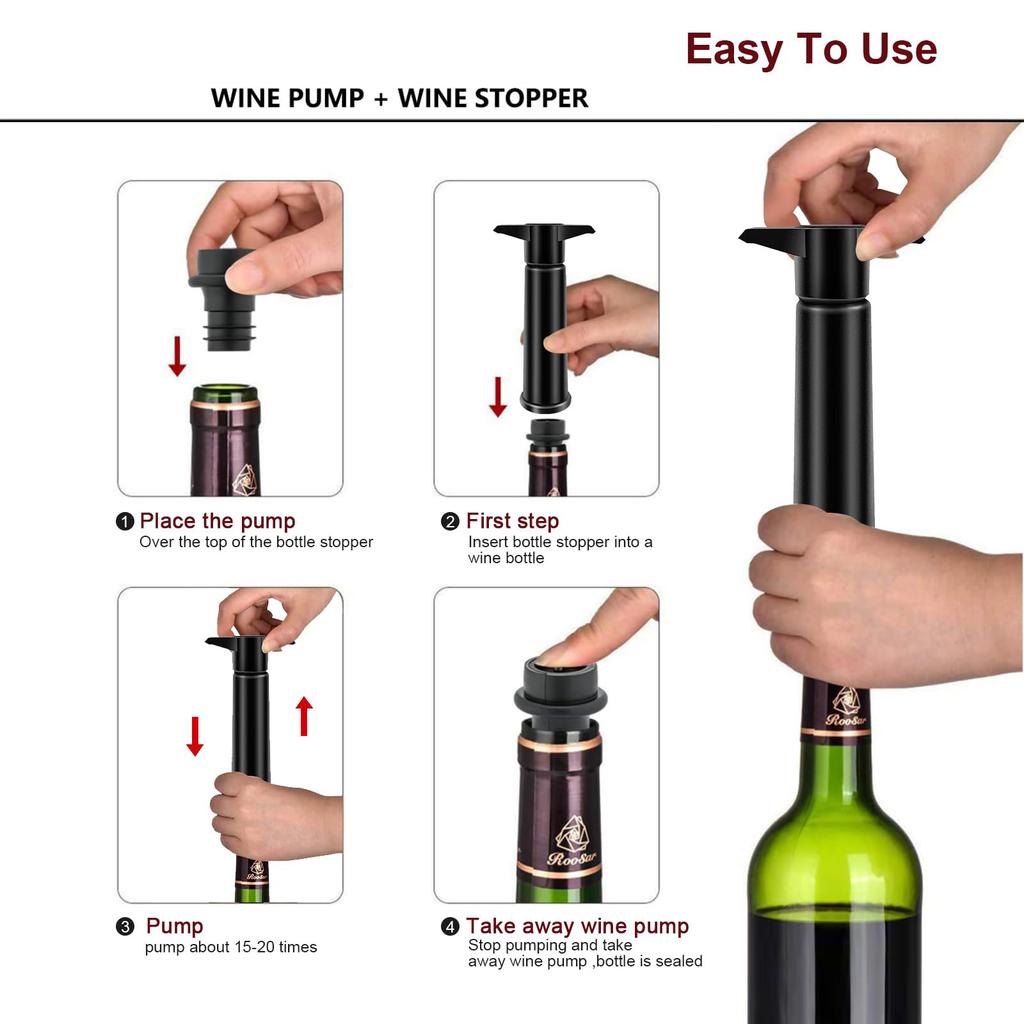 Wine Saver Pump Vacuum Wine Bottle Stoppers with Food Grade Silicone Leak Proof Keep Fresh Suitable for All Standard Wine Bottle