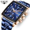 LIGE Top Brand Luxury Mens Watches Fashion Military Square Chronograph Quartz Wristwatches For Men Sports Waterproof Watch Men