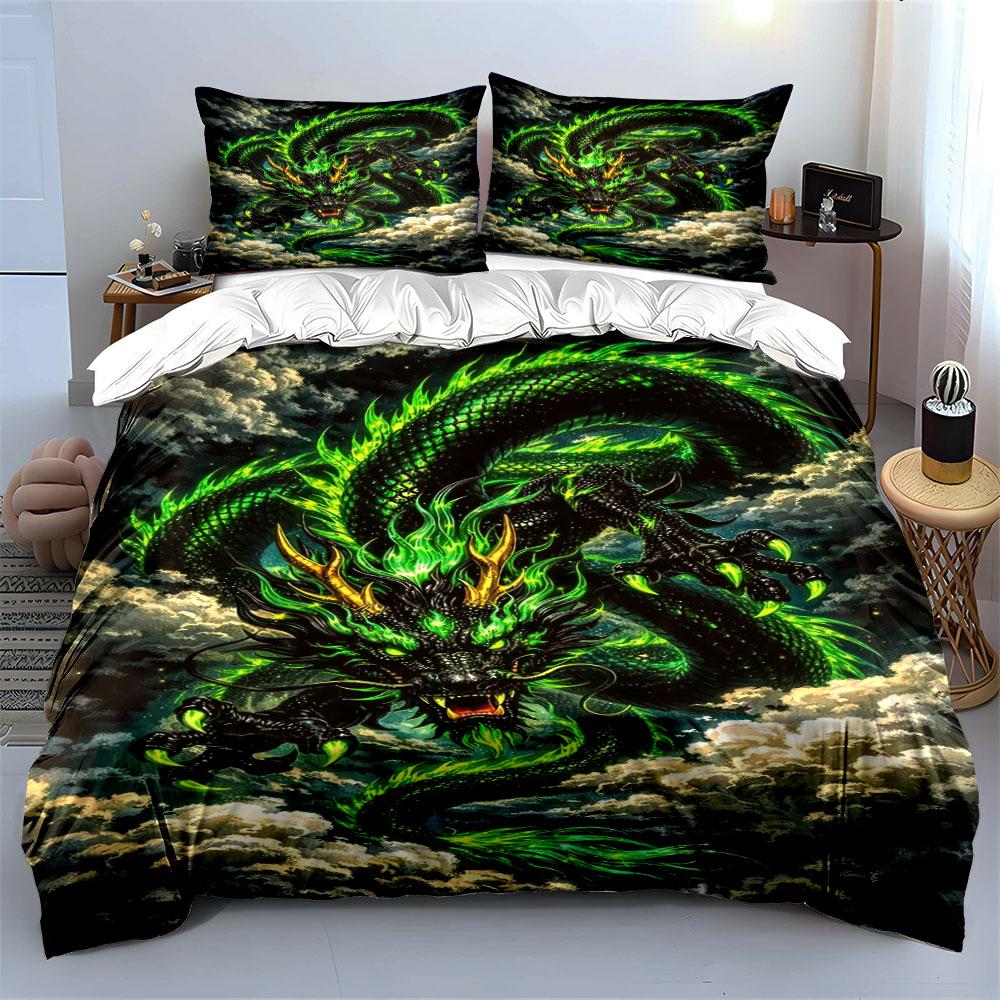 Green Dragon with Flames. Bedding Sets Duvet Cover Sets Duvet Covers Pillowcases(1 * Duvet Cover 2 * Pillowcases Without Duvet Insert)