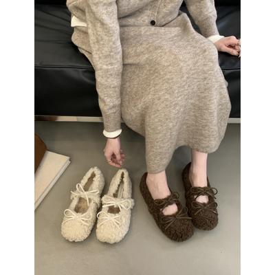 2025 осень и зима пушистые туфли с носками мягкая подошва легкий вырез бант стиль девушки Мори абрикосовый вельвет одинарные туфли женские