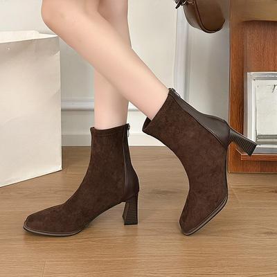 Модные ботильоны на молнии сзади Женские Осенне-зимние Ретро Квадратный носок Замшевые Универсальные Блочный каблук Увеличенные Узкие Короткие ботинки