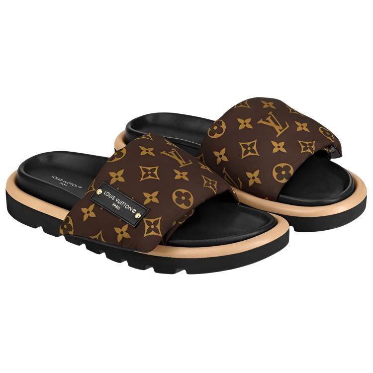 Louis Vuitton Подушка для бассейна Комфортные шлепанцы-слайдеры Женские Коричневые 1AAEBT