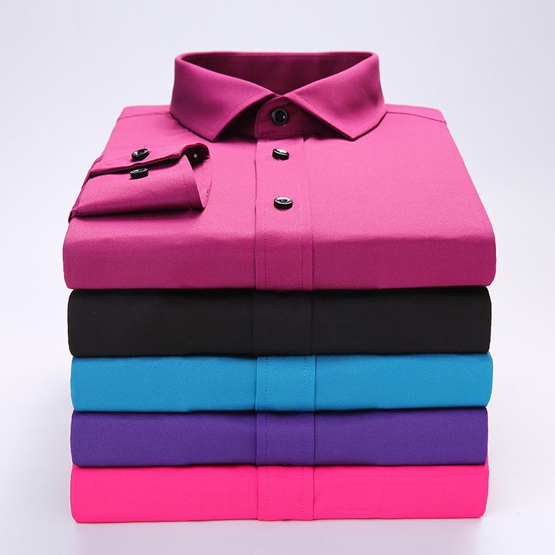 Отличные однотонные классические мужские рубашки с длинным рукавом и отложным воротником из бамбукового волокна, эластичные облегающие рубашки для социальных сетей