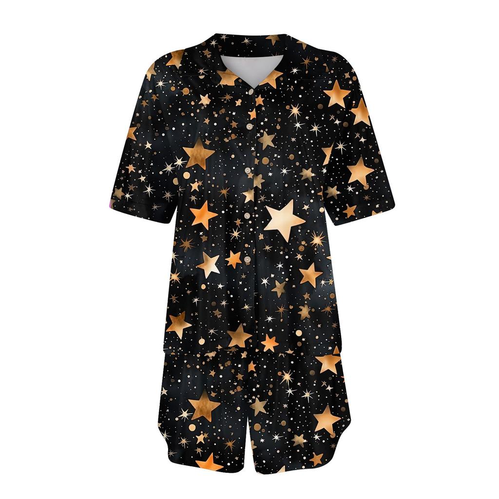 Women's Silk Pajamas Button Home Clothes Star Print Short Sleeve Satin Pajama Set 2 Piece Set