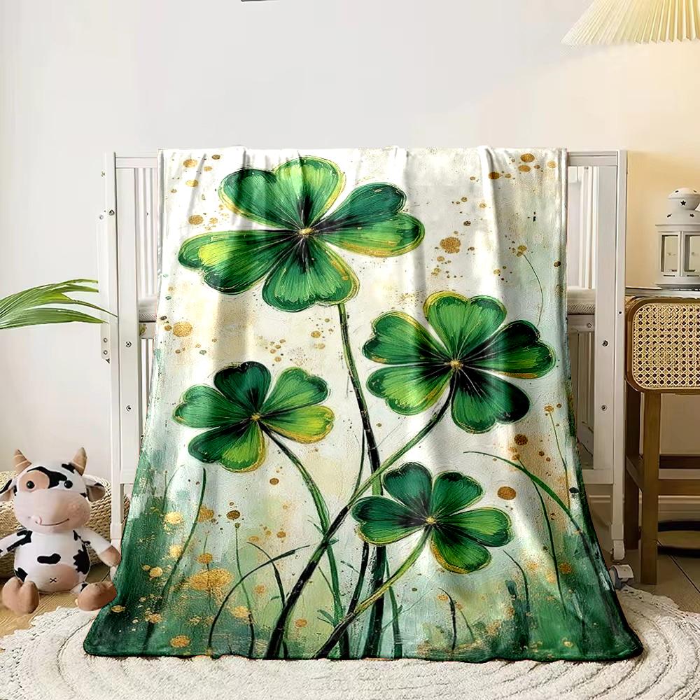 Four Leaf Clover Art with Gold Accents Flannel blanket for bedroom living room sofa and nap