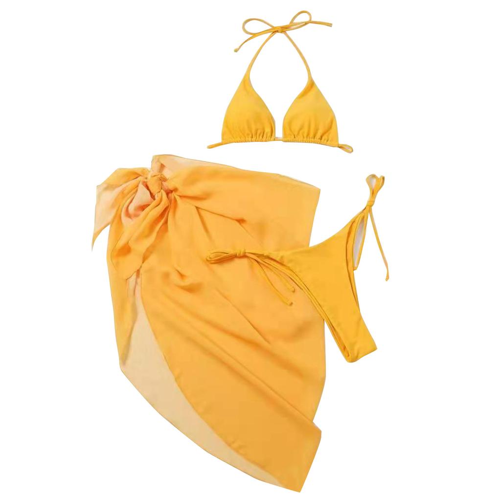 Женская летняя мода, сексуальный однотонный купальник с открытой спиной, шнуровкой на талии, вуалью с узлом на подоле, бикини, купальник из трех частей