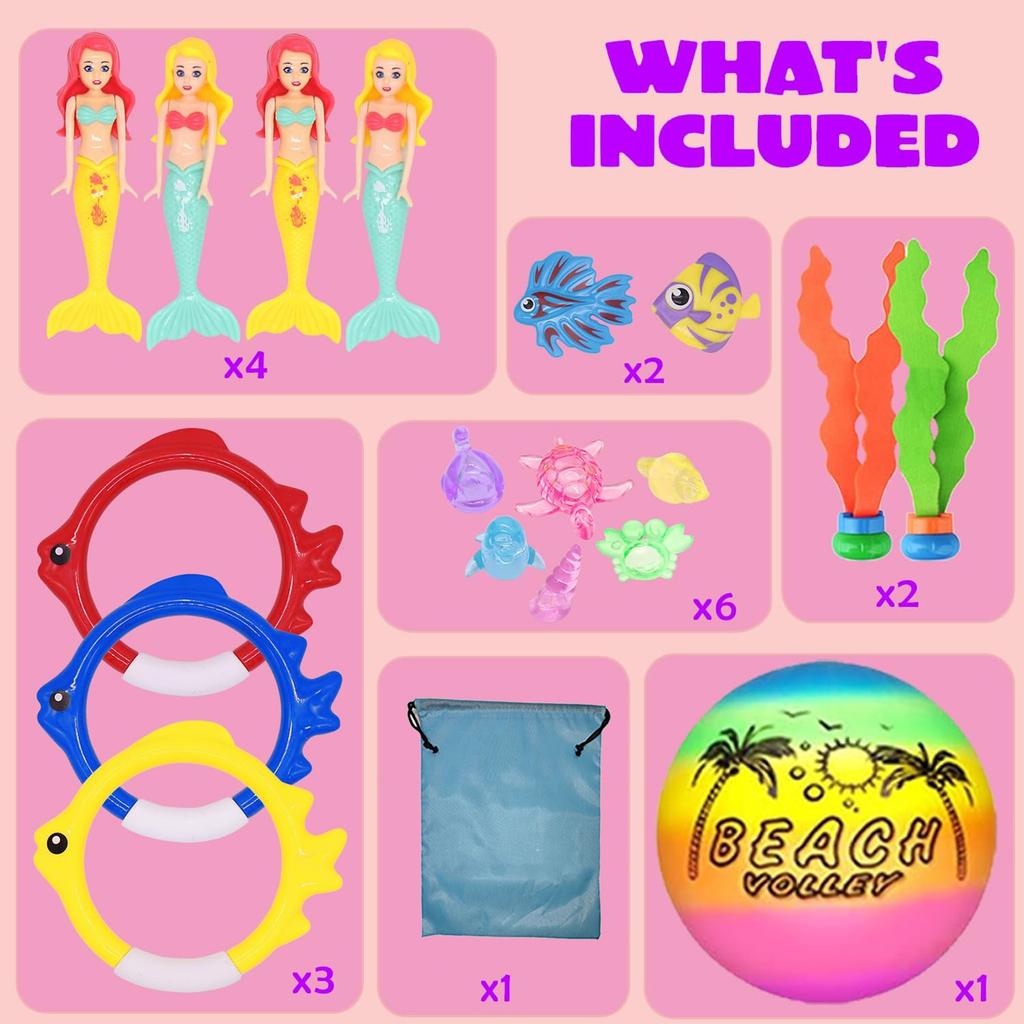 18 шт. игрушек для дайвинга в бассейне для детей в возрасте от 3 до 12 лет, набор с сумкой для хранения, летние игры в бассейне, игрушки для плавания в воде, тонущие русалки