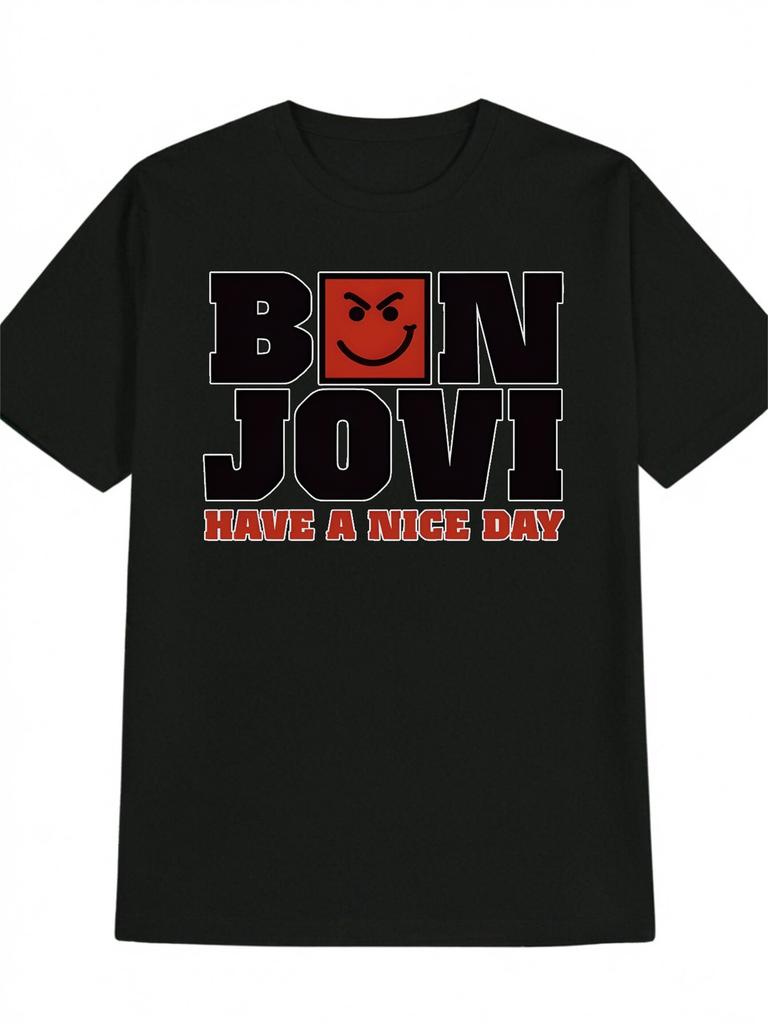 BON JOVI Casual Graphic T-shirt - Black with Red Square Frame Print & "Have A Nice Day" Slogan
