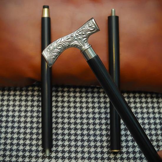 93.98 Cm Engraved Silver Handle Walking Cane Black Wooden Support Stick Handmade Elegant Walking Aid Formal Gentlemen’s Cane