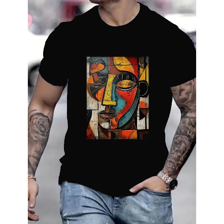 Men'S Black Modern Abstract Geometric Print T-Shirt - Soft Breathable Short Sleeve Crew Neck, Multi-Color Abstract Human Face Design in Red Yellow