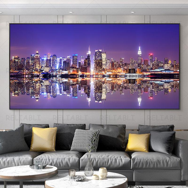 Большой размер, современная городская ночная сцена, холст, картина, настенная живопись, пейзаж, отражение, постеры и принты для гостиной, домашний декор