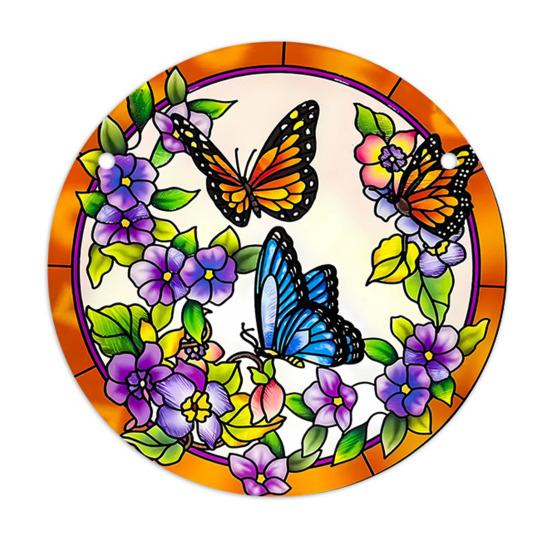 Round Stained Glass Style Window Hangings 5.9 Inch Colorful Sun Catcher with Chain for Indoor Outdoor Decor Light Reflection Artistic Gift
