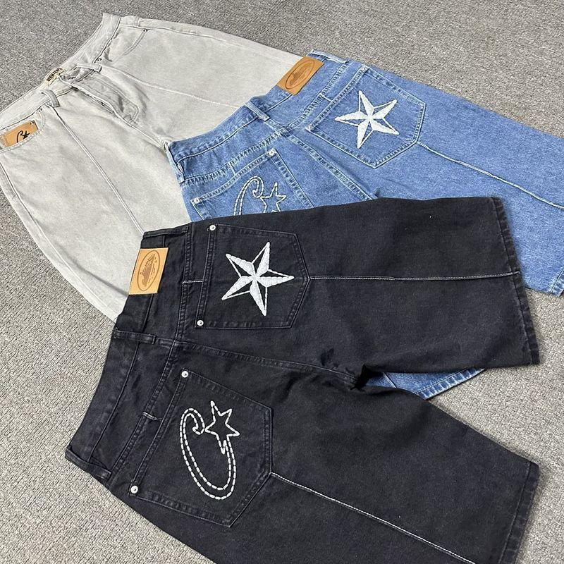 Corteiz Alcatraz Denim Shorts Mens Embroidered Star Vintage Washed Straight Fit Casual Mid-Rise Short Pants