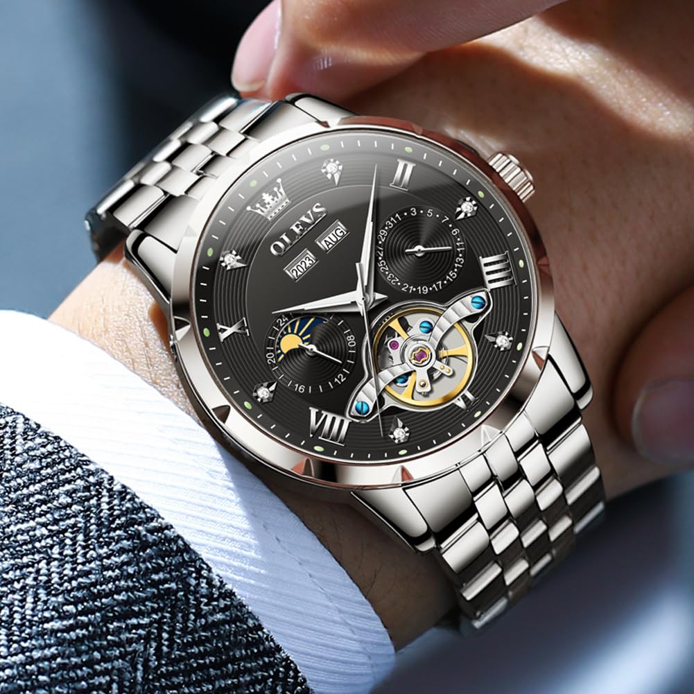 OLEVS механические автоматические часы с фазами Луны стильные скелетонированные водонепроницаемые популярные светящиеся часы для мужчин черные белые мужские и