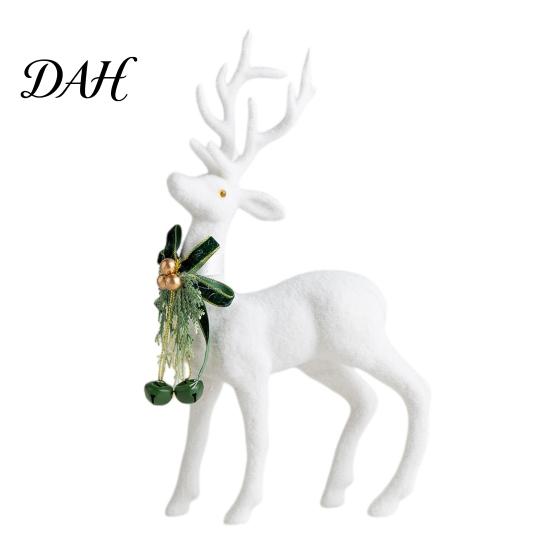 Christmas Season Home Ornaments White Flocked Elk Ornament, Ribbon Bell Decor 3D Standing Deer Decorative Window Display Accents Figurine, for Holiday