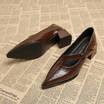 83656-5 Новые французские туфли-лодочки весна и лето, темпераментные туфли с мелким вырезом, популярные 2025, зарубежные кожаные туфли на толстом каблуке