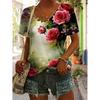Vibrant Floral Print Short Sleeve V Neck T-Shirt - Women's Leisure T-Shirts for Spring & Summer - Comfortable,
