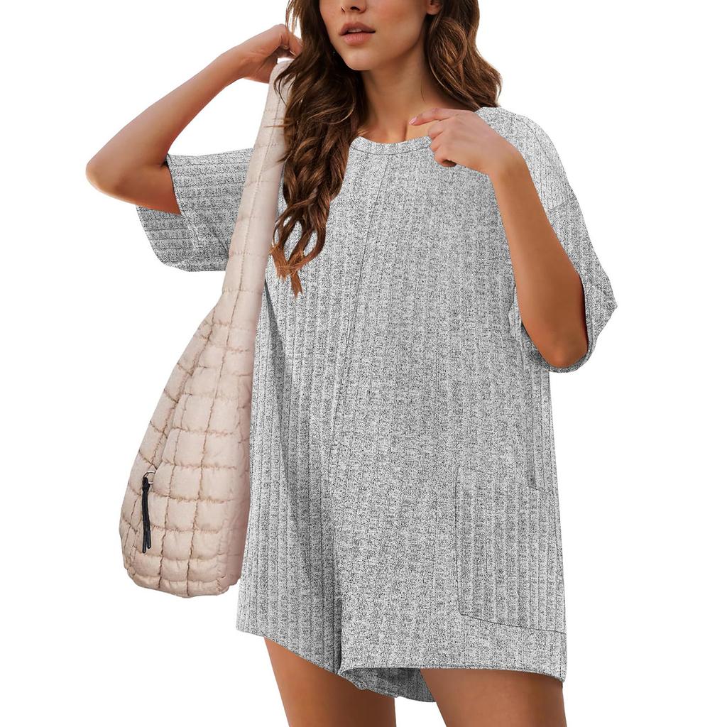 Летние комбинезоны для женщин с коротким рукавом, ребристые свободные футболки, шорты с карманом