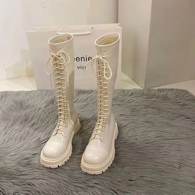 Thick-soled White Long Boots Women's Shoes 2025 New Martin Boots Women's Brown Autumn and Winter Long Knight Boots Ins Tide