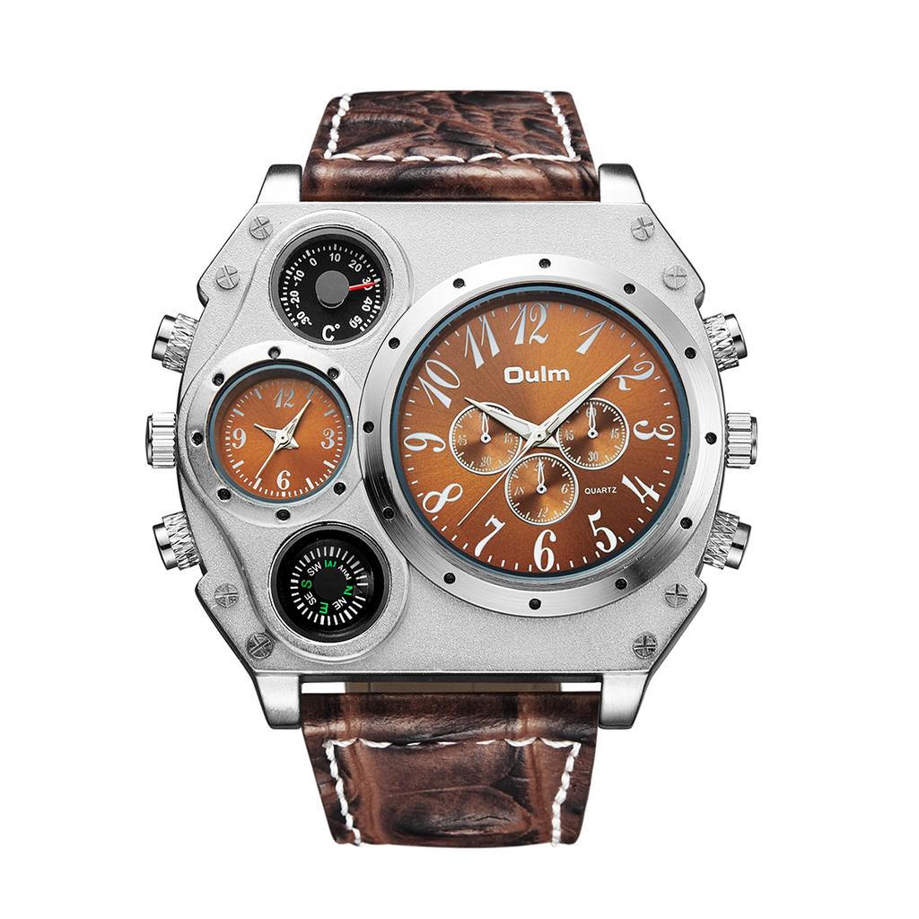 Oulm Original 1349 Two Time Zone Sport Watch Large Dial Big Size Male Quartz Clock Decorative Compass Men Military Watches