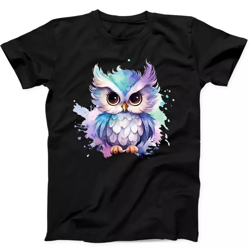 Cute Watercolor Owl Bird Owlet Funny Gift Tee Black T Shirt 105