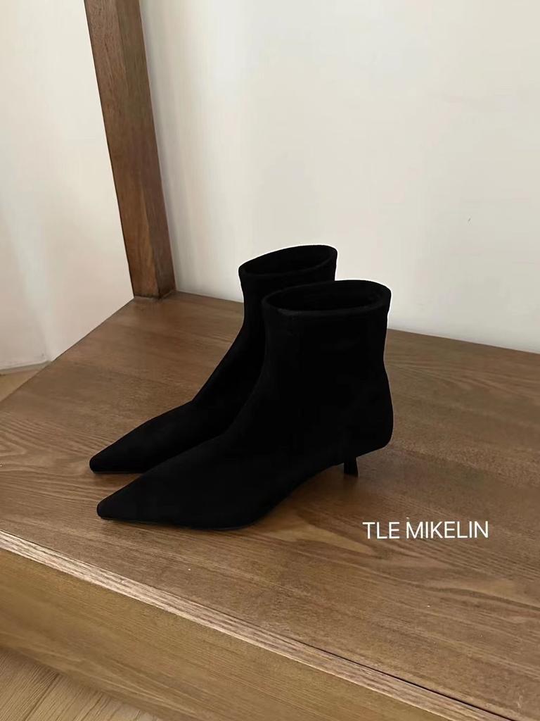 2025 Autumn and Winter New Suede Small Square Head Thin Heel Short Boots Women's Small Heel Temperament High Heels Elastic Thin Boots