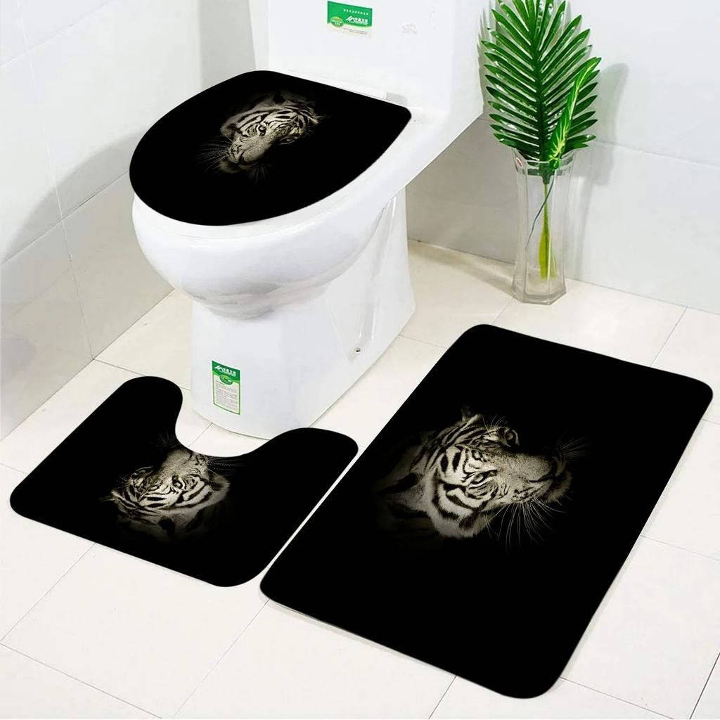 Tiger Bath Mat Set Ferocious Animal Black Non-slip Toilet Lid Foot Rug Floor Mat Small Carpet Anti Slip Bathroom Accessory Set